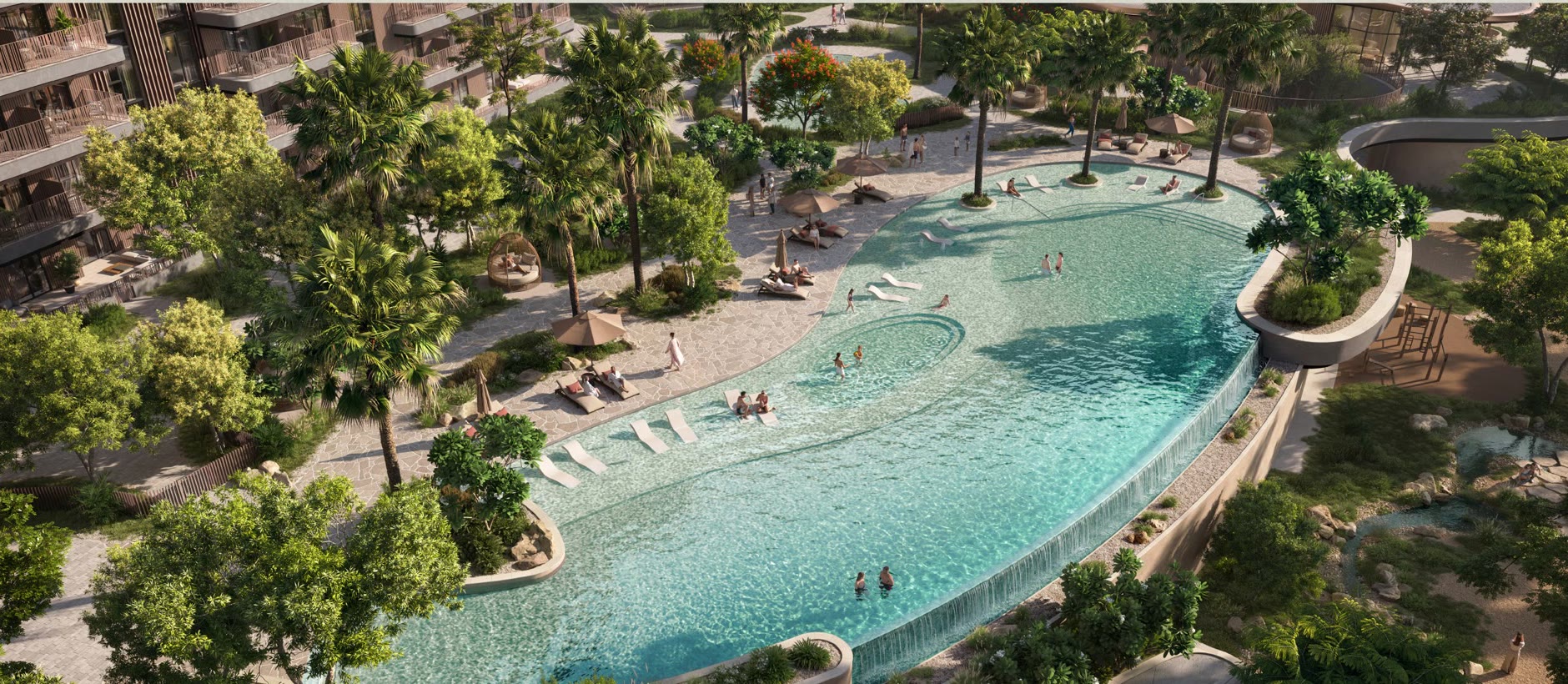 Expansive landscaped pool and residences at The Wilds in Dubai