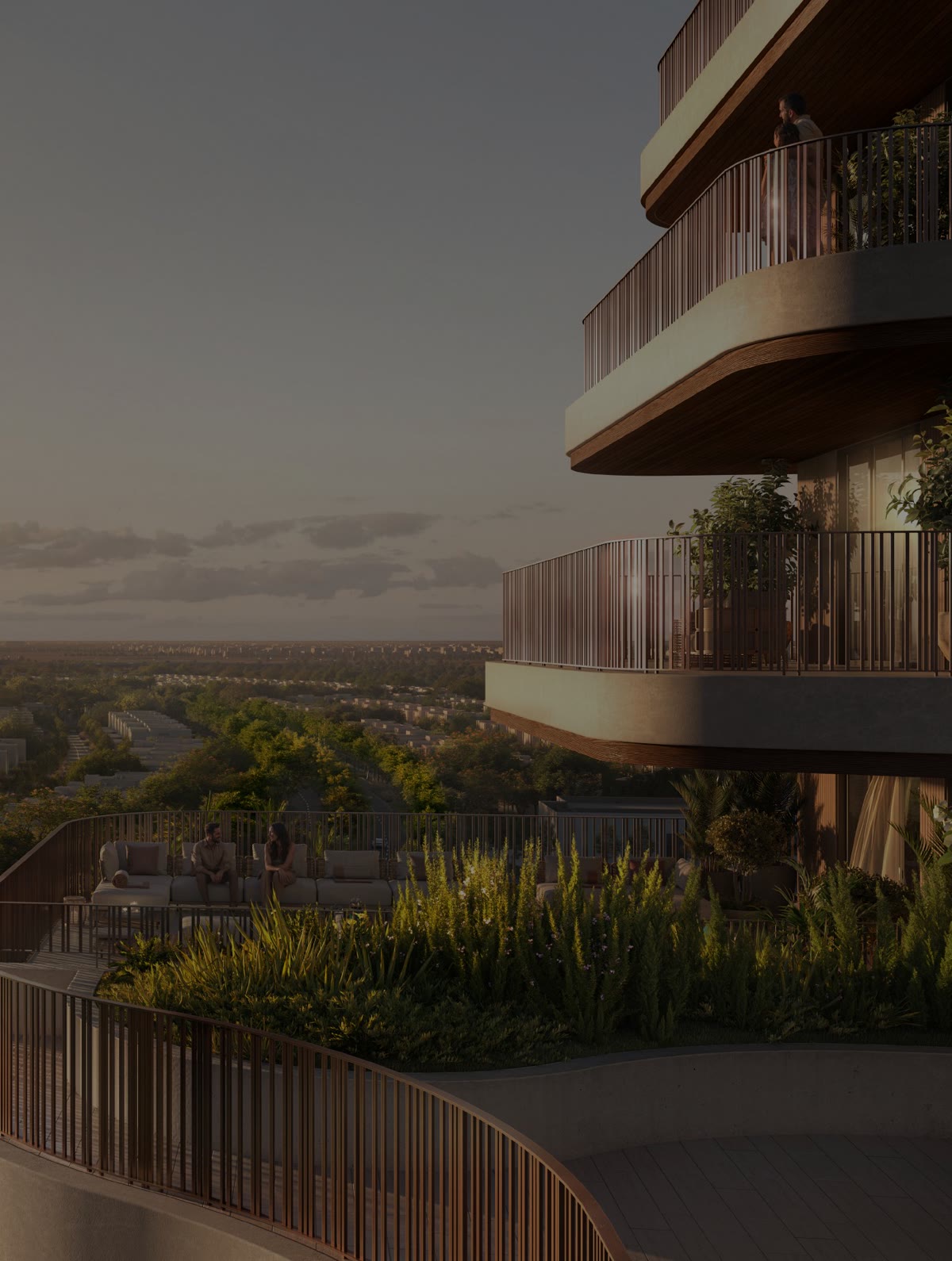 Sculptural private residences in warm sunset light in South Dubai