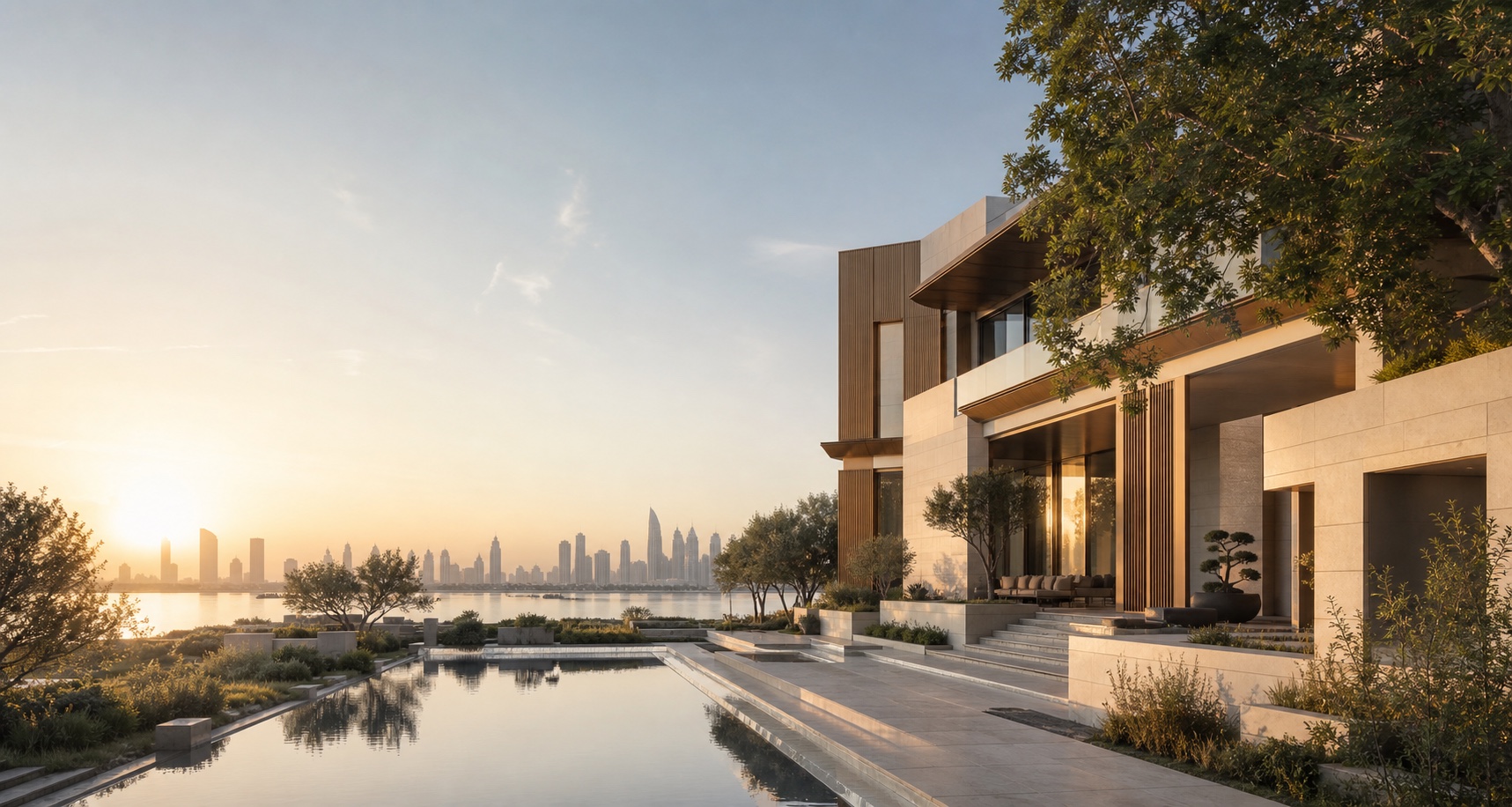 Contemporary private estate in warm early-morning light