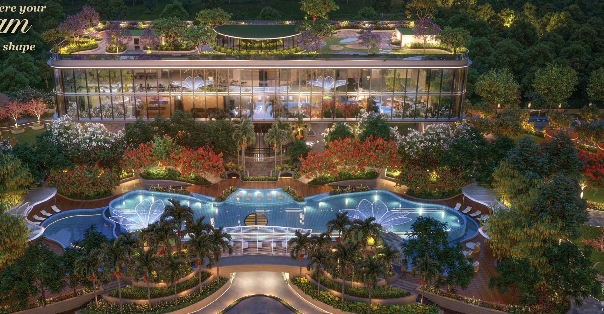 Illuminated pool and private clubhouse at Gaur Chrysalis